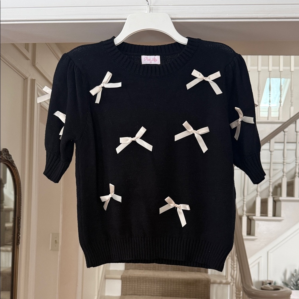 Pink Lily Black Sweater with White Bows